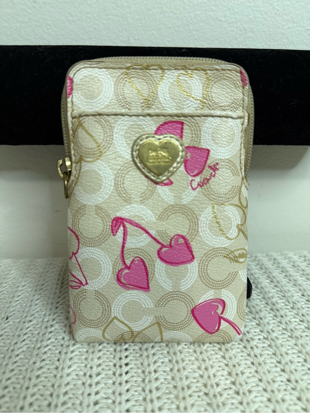 Coach Beige/Pink Heart Print Mini Pouch - missing wristlet strap